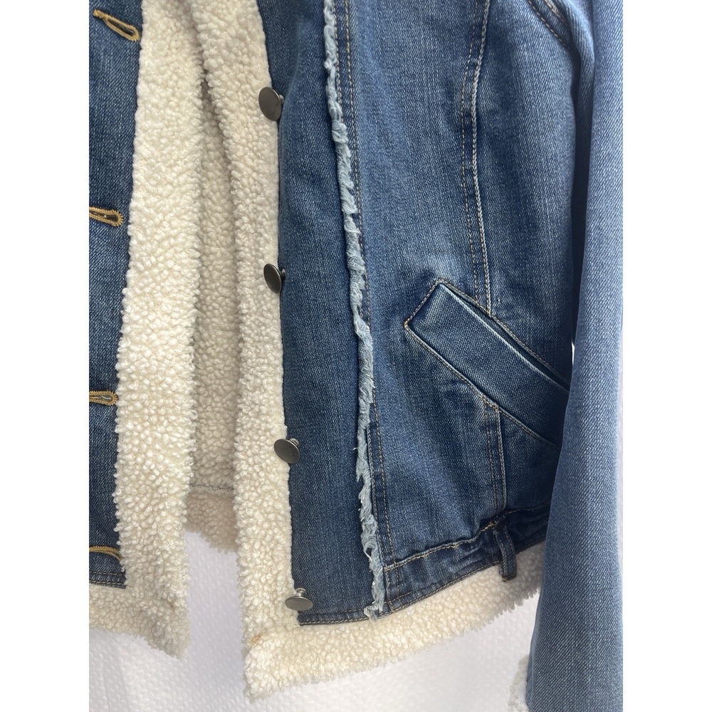 Vtg Joujou Blue Denim Sherpa Lined Cropped Trucker Jacket Junior XL Indie Sleaze - Picture 8 of 8